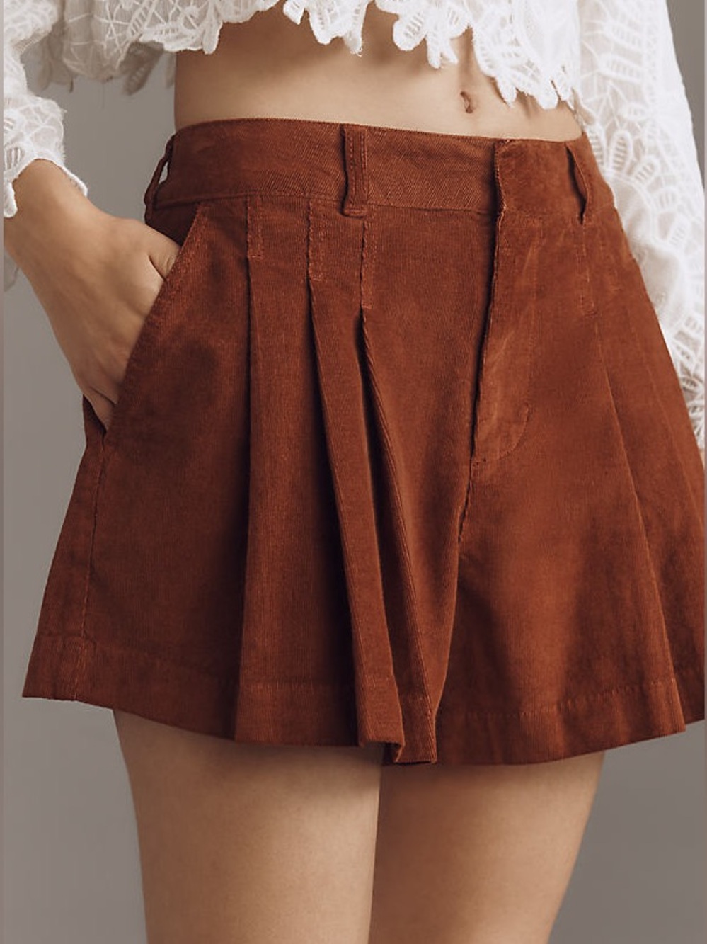 PILCRO Corduroy Pleated Skirt Shorts - Bark